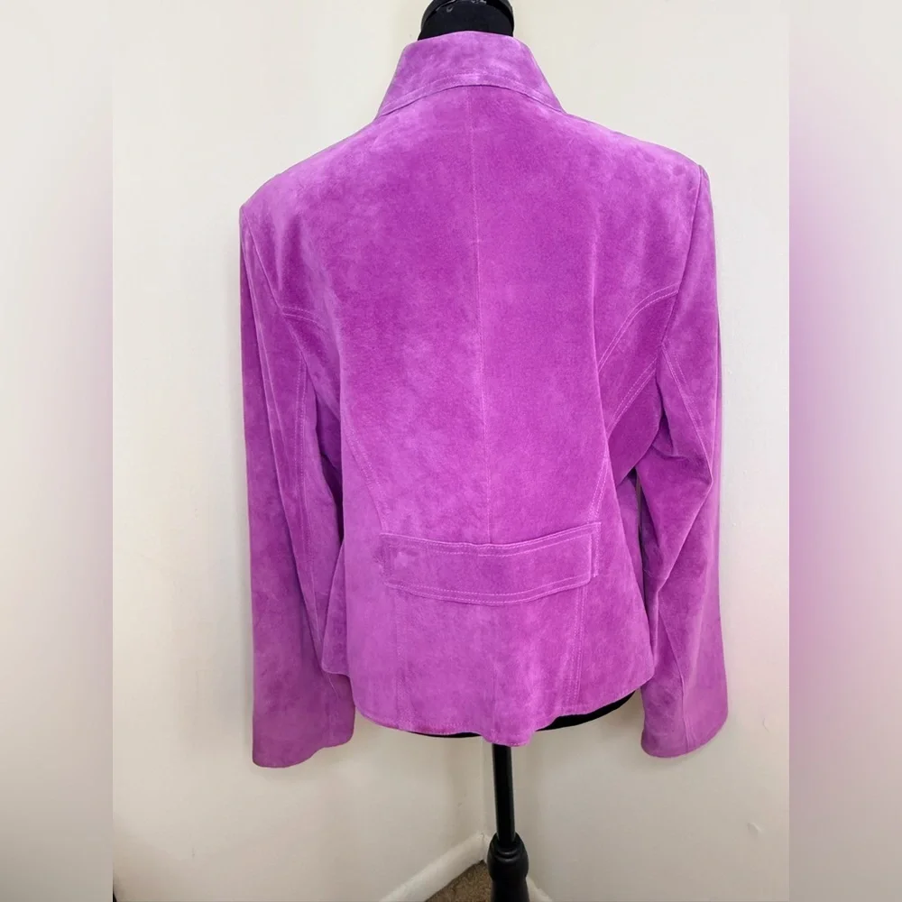 Vintage Anne Klein pink purple suede moto jacket snap close collar pockets 14 EC - Picture 7 of 10